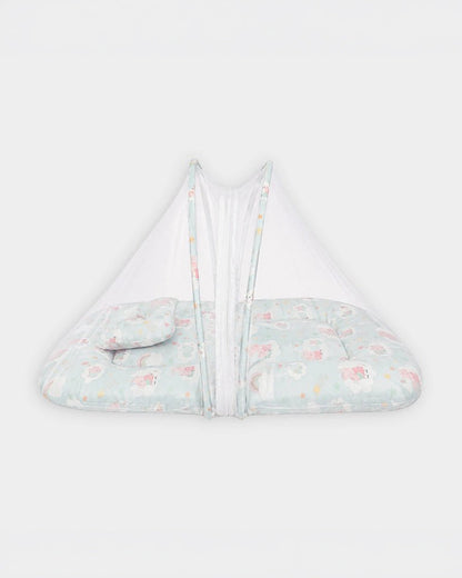 Mi Arcus Baby Gadda Set With Mosquito Net & Head Support Pillow-100% Cotton-Green-Peppa-Pig-For Infants
