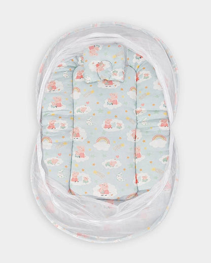 Mi Arcus Baby Gadda Set With Mosquito Net & Head Support Pillow-100% Cotton-Green-Peppa-Pig-For Infants
