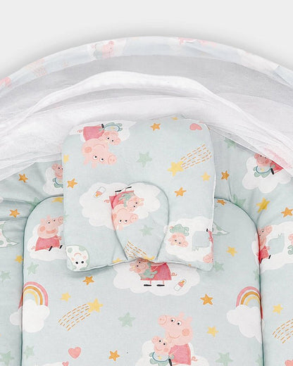 Mi Arcus Baby Gadda Set With Mosquito Net & Head Support Pillow-100% Cotton-Green-Peppa-Pig-For Infants