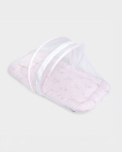 Mi Arcus Baby Gadda Set With Mosquito Net & Head Support Pillow-100% Cotton-Pink-Mouse-For Infants
