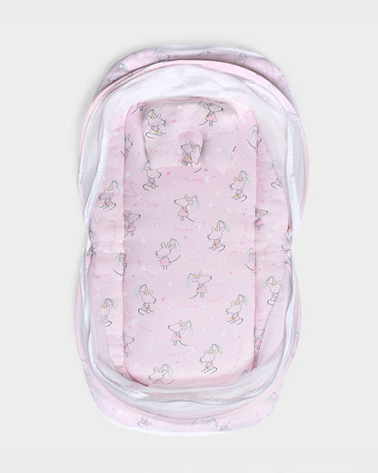 Mi Arcus Baby Gadda Set With Mosquito Net & Head Support Pillow-100% Cotton-Pink-Mouse-For Infants