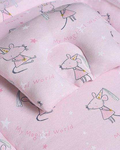 Mi Arcus Baby Gadda Set With Mosquito Net & Head Support Pillow-100% Cotton-Pink-Mouse-For Infants