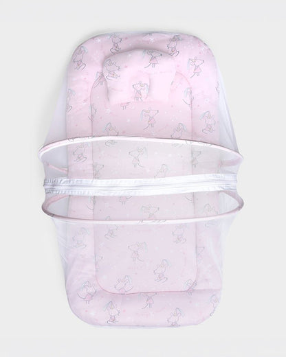 Mi Arcus Baby Gadda Set With Mosquito Net & Head Support Pillow-100% Cotton-Pink-Mouse-For Infants