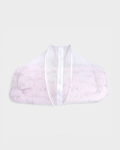 Mi Arcus Baby Gadda Set With Mosquito Net & Head Support Pillow-100% Cotton-Pink-Mouse-For Infants