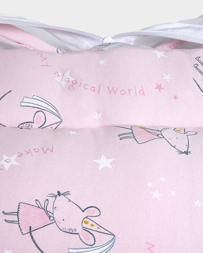 Mi Arcus Baby Gadda Set With Mosquito Net & Head Support Pillow-100% Cotton-Pink-Mouse-For Infants
