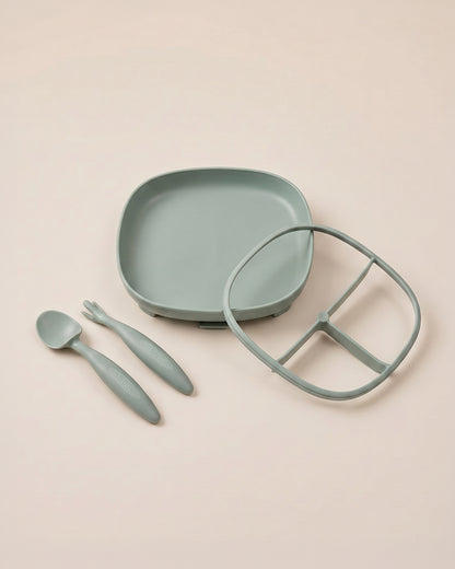 b.box Suction Meal Set-Plate & Toddler Cutlery Combo-Pack of 3-Sage Green