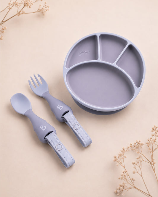 Bibado Divider Plate & Handi Cutlery Meal Set-Attachable Weaning Spoon & Fork-Encourages Self Feeding-Pack of 2-Mist