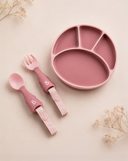 Bibado Divider Plate & Handi Cutlery Meal Set-Attachable Weaning Spoon & Fork-Encourages Self Feeding-Pack of 2-Blush
