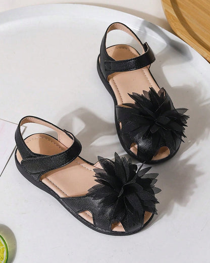 NINO BELLO Black Flower Adorned Velcro Sandals For Infants