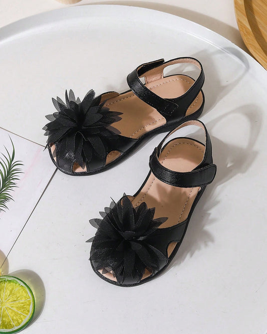 NINO BELLO Black Flower Adorned Velcro Sandals For Infants