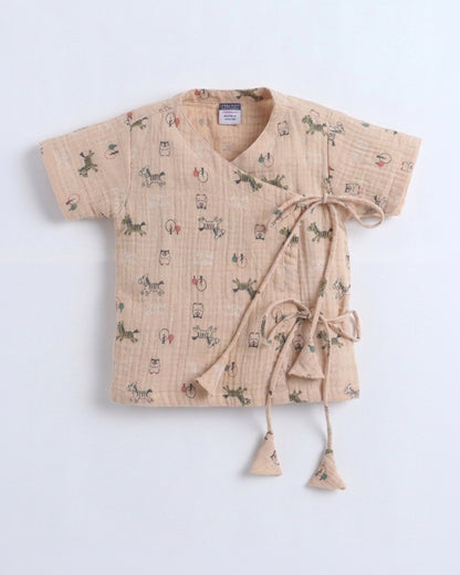 Polka Tots Tan Jhabla & Pajama Set-Kediya Print-Muslin Cotton-For Infants