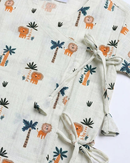 Polka Tots Pastel Green Jhabla & Pajama Set-Animal Print-Muslin Cotton-For Infants