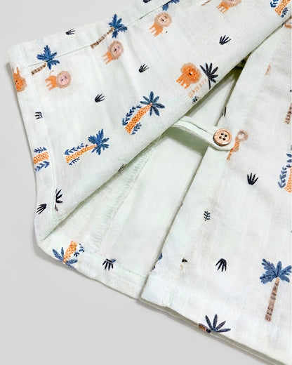 Polka Tots Pastel Green Jhabla & Pajama Set-Animal Print-Muslin Cotton-For Infants