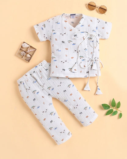 Polka Tots White Jhabla & Pajama Set-Jungle Safari Print-Muslin Cotton-For Infants
