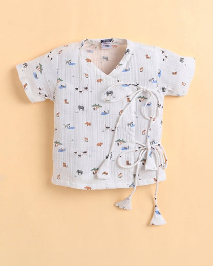 Polka Tots White Jhabla & Pajama Set-Jungle Safari Print-Muslin Cotton-For Infants
