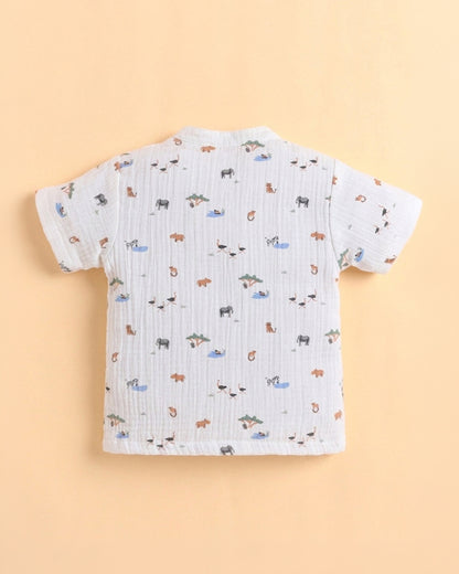 Polka Tots White Jhabla & Pajama Set-Jungle Safari Print-Muslin Cotton-For Infants