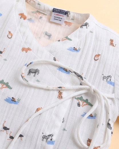 Polka Tots White Jhabla & Pajama Set-Jungle Safari Print-Muslin Cotton-For Infants