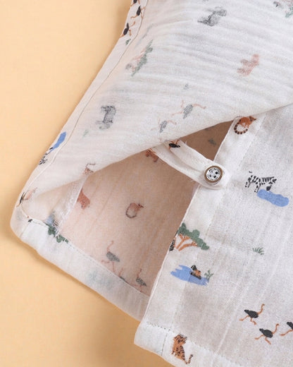 Polka Tots White Jhabla & Pajama Set-Jungle Safari Print-Muslin Cotton-For Infants