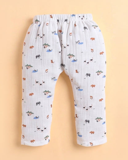 Polka Tots White Jhabla & Pajama Set-Jungle Safari Print-Muslin Cotton-For Infants