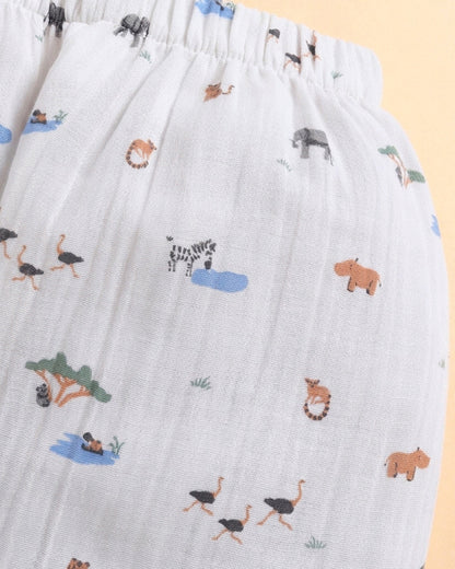 Polka Tots White Jhabla & Pajama Set-Jungle Safari Print-Muslin Cotton-For Infants