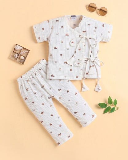 Polka Tots Off White Jhabla & Pajama Set-Transport Print-Muslin Cotton-For Infants