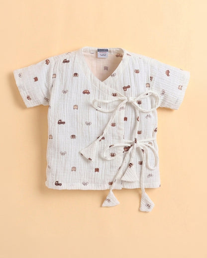 Polka Tots Off White Jhabla & Pajama Set-Transport Print-Muslin Cotton-For Infants