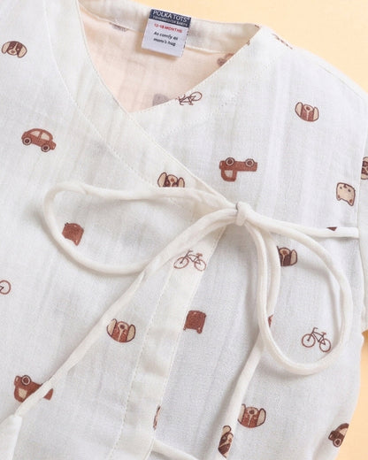 Polka Tots Off White Jhabla & Pajama Set-Transport Print-Muslin Cotton-For Infants