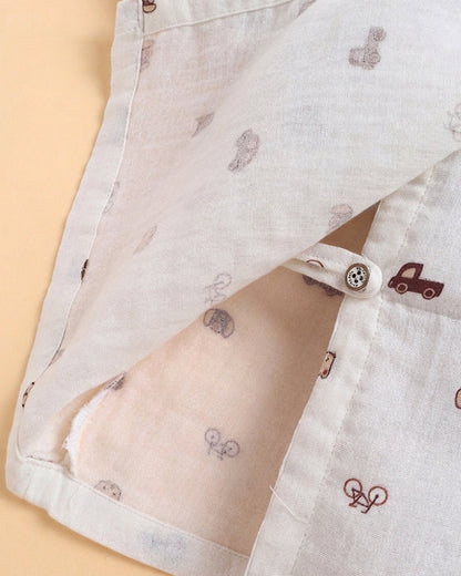 Polka Tots Off White Jhabla & Pajama Set-Transport Print-Muslin Cotton-For Infants