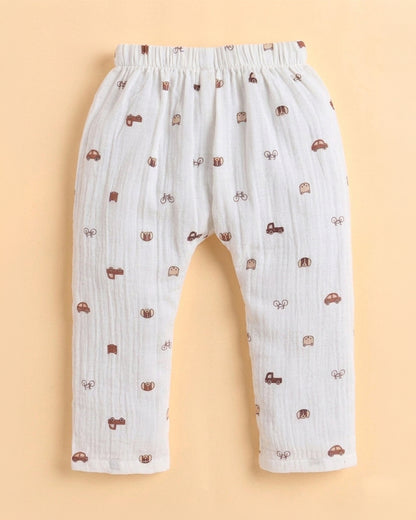 Polka Tots Off White Jhabla & Pajama Set-Transport Print-Muslin Cotton-For Infants