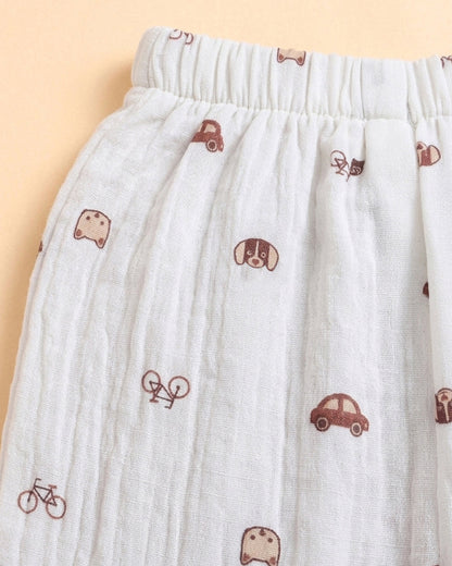 Polka Tots Off White Jhabla & Pajama Set-Transport Print-Muslin Cotton-For Infants