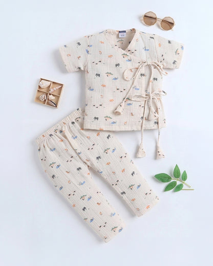 Polka Tots Peach Jhabla & Pajama Set-Jungle Safari Print-Muslin Cotton-For Infants