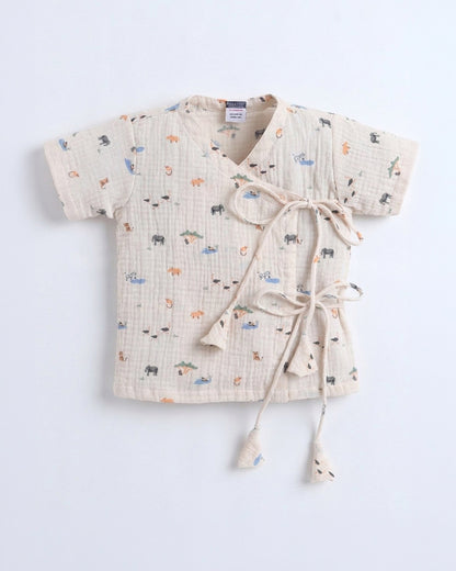 Polka Tots Peach Jhabla & Pajama Set-Jungle Safari Print-Muslin Cotton-For Infants