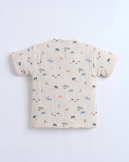 Polka Tots Peach Jhabla & Pajama Set-Jungle Safari Print-Muslin Cotton-For Infants