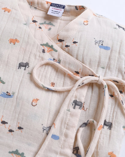 Polka Tots Peach Jhabla & Pajama Set-Jungle Safari Print-Muslin Cotton-For Infants