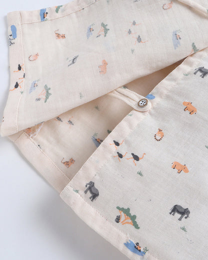 Polka Tots Peach Jhabla & Pajama Set-Jungle Safari Print-Muslin Cotton-For Infants
