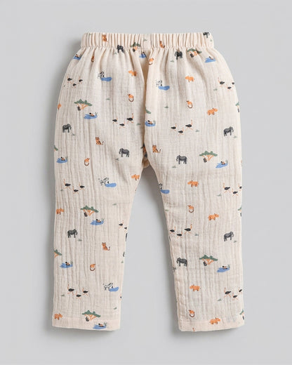 Polka Tots Peach Jhabla & Pajama Set-Jungle Safari Print-Muslin Cotton-For Infants