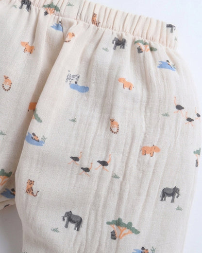 Polka Tots Peach Jhabla & Pajama Set-Jungle Safari Print-Muslin Cotton-For Infants