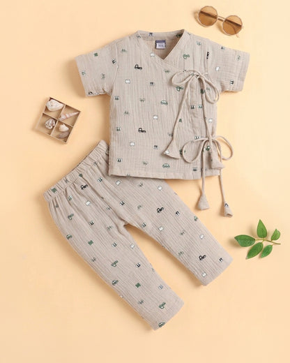 Polka Tots Beige Jhabla & Pajama Set-Kediya Print-Muslin Cotton-For Infants