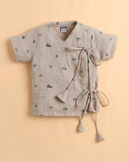 Polka Tots Beige Jhabla & Pajama Set-Kediya Print-Muslin Cotton-For Infants