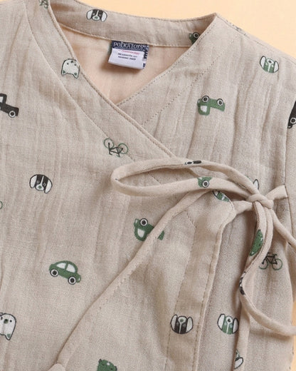 Polka Tots Beige Jhabla & Pajama Set-Kediya Print-Muslin Cotton-For Infants