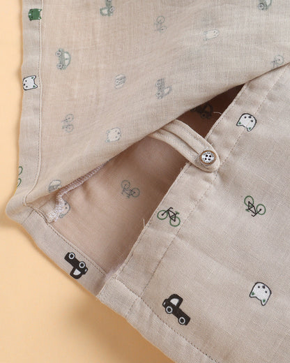 Polka Tots Beige Jhabla & Pajama Set-Kediya Print-Muslin Cotton-For Infants