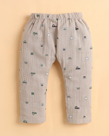 Polka Tots Beige Jhabla & Pajama Set-Kediya Print-Muslin Cotton-For Infants
