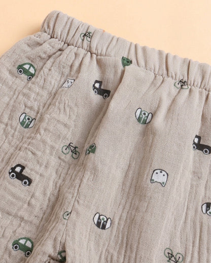 Polka Tots Beige Jhabla & Pajama Set-Kediya Print-Muslin Cotton-For Infants