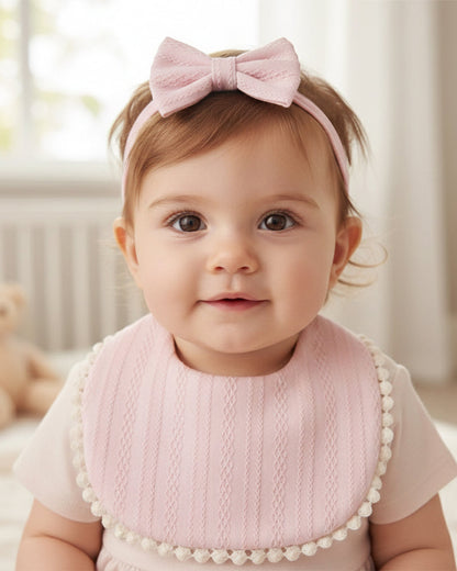 Polka Tots Solid Bow Headband & Bib Set-Adjustable Elastic & Super Absorbent-Pink-Pack of 2-For Infants