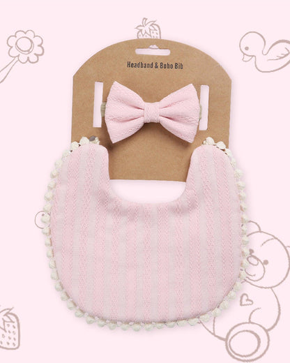 Polka Tots Solid Bow Headband & Bib Set-Adjustable Elastic & Super Absorbent-Pink-Pack of 2-For Infants