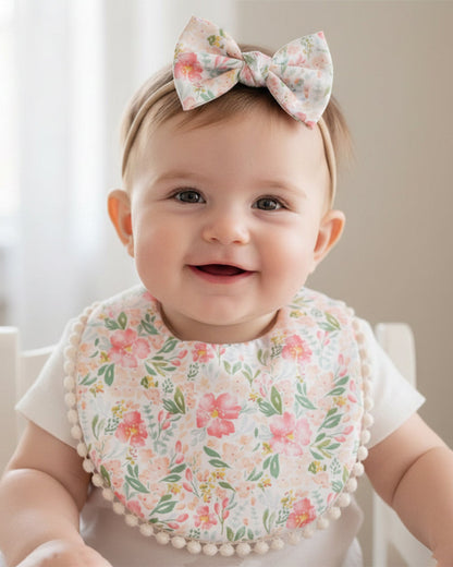 Polka Tots Floral Bow Headband & Bib Set-Adjustable Elastic & Super Absorbent-Pink-Pack of 3-For Infants