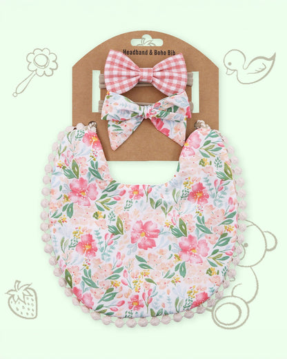 Polka Tots Floral Bow Headband & Bib Set-Adjustable Elastic & Super Absorbent-Pink-Pack of 3-For Infants