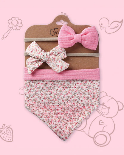 Polka Tots Baby Girl Floral Headband & Bib Set-Adjustable Elastic & Super Absorbent-Pink-Pack of 3-For Infants