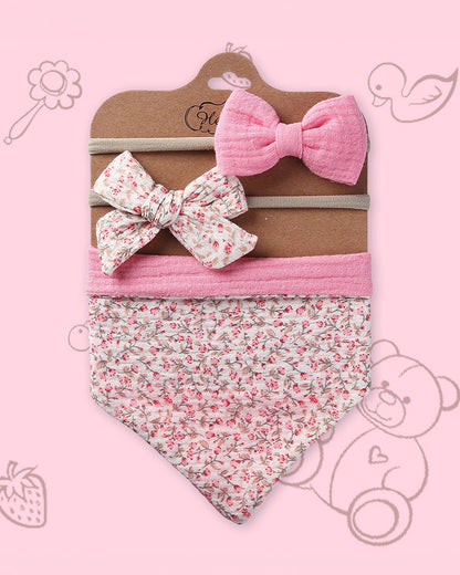 Polka Tots Baby Girl Floral Headband & Bib Set-Adjustable Elastic & Super Absorbent-Pink-Pack of 3-For Infants