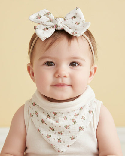 Polka Tots Baby Girl Floral Headband & Bib Set-Adjustable Elastic & Super Absorbent-White-Pack of 3-For Infants